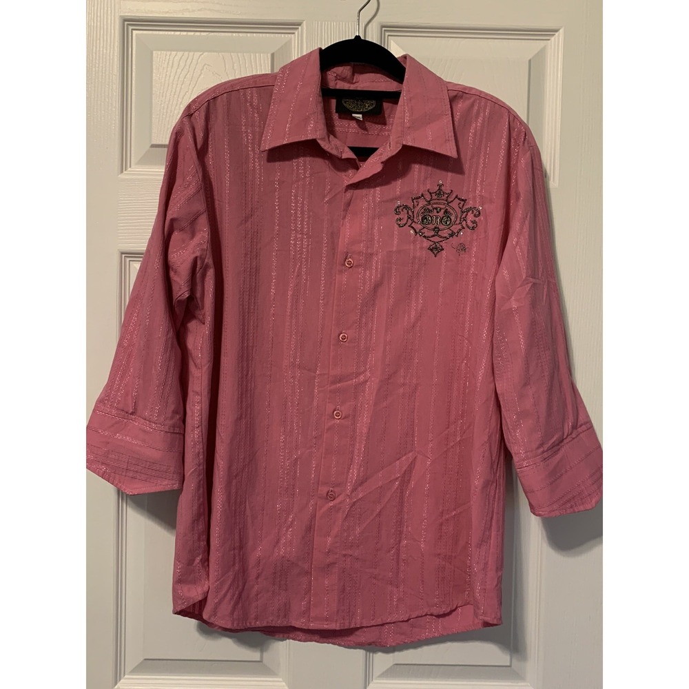 Dos De Oro Pink & Silver Metallic Button Front Western Shirt 3XL 3/4 Sleeve USA